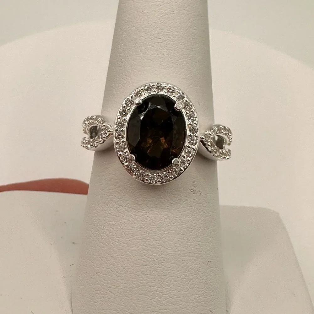 1.5ct Smokey quartz set in‎ solid sterling silver ring with cz diamonds!